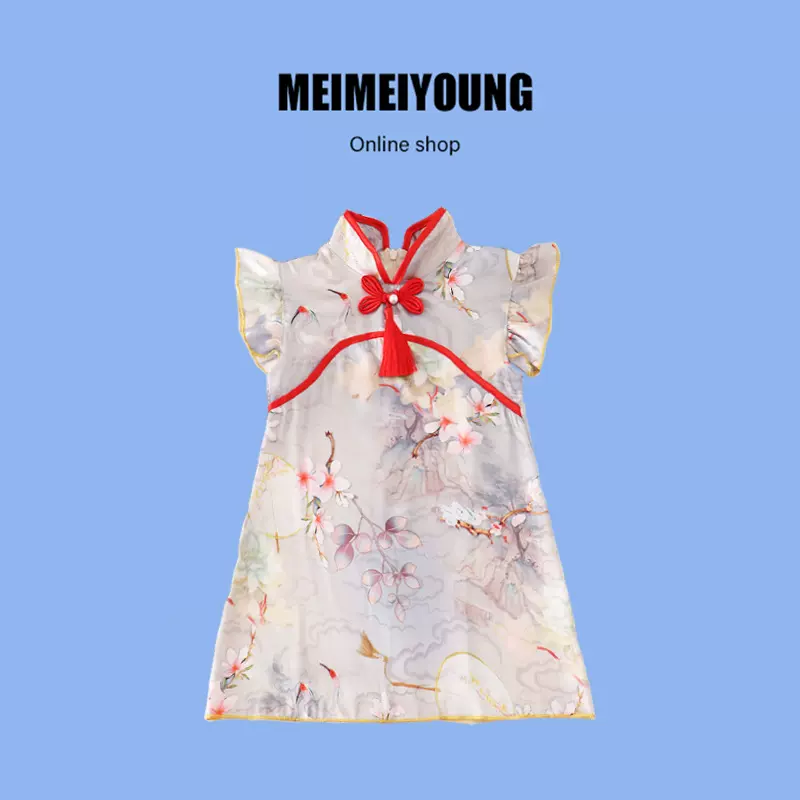 女童中国风旗袍连衣裙红色碎花新款裙子表演服拜年服dress跨境