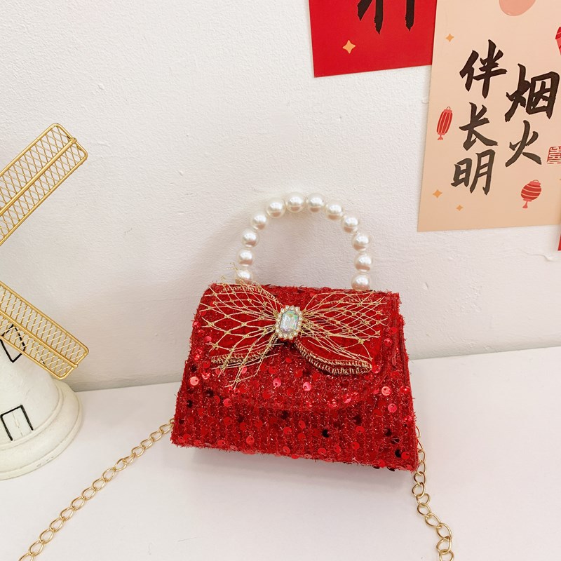 Bagos rojos perfumados para niñas bolsos de hombro con sequillas de perlas, bolsos para niños, bolsos de Año Nuevo para niños