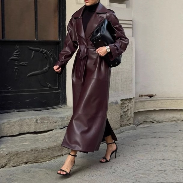 Foreign Trade European and American Cross-Border Women's Clothing Dark Red Waist-Tie Suit Collar Long Slim Leather Coat Windbreaker Jacket