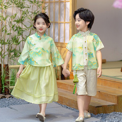 Children's Hanfu Summer Thin Short-Sleeve Chinese Style Ancient Costume Retro Tang Suit Ethnic Performance Wear New Chinese Style Short-Sleeve Set