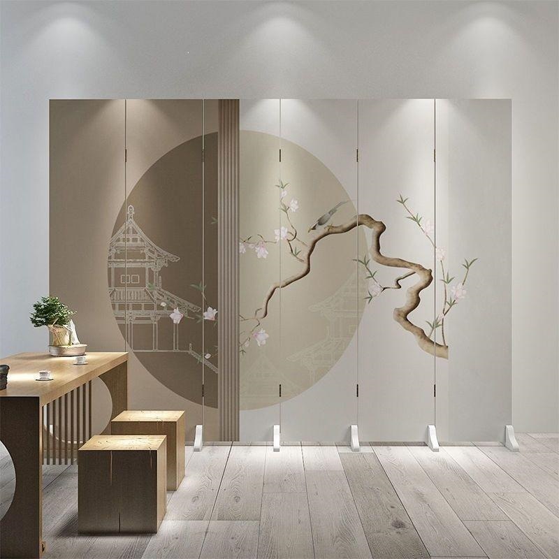 Screen Partition with Chinese Landscape Design, Solid Wood Screen for Office Entrance, Movable Partition Screen for Living Room