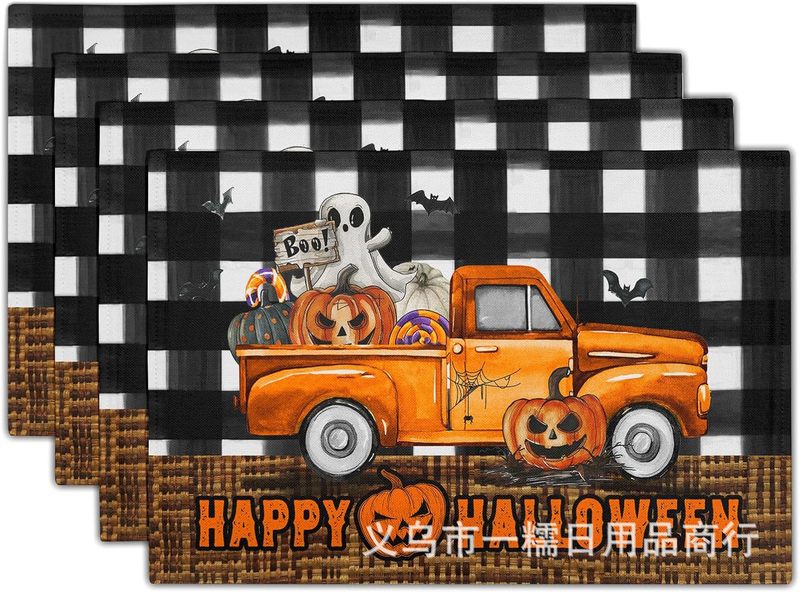 国境を越えたtemu爆発ハロウィーンの食事マットカボチャ頭蓋魔女スパイダーデジタルプリントマット断熱マット装飾|undefined