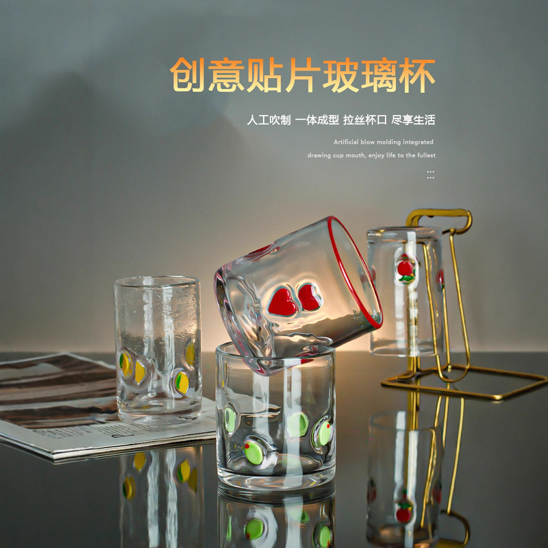 中古人工开口贴片水晶玻璃杯樱桃草莓压花贴片装饰饮品咖啡杯|undefined