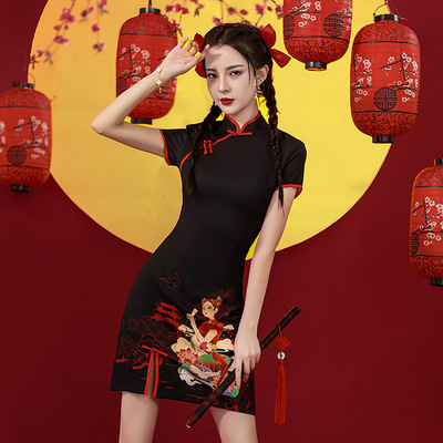  Chinese dress Retro Printed Chinese Dresses Qipao Side slit Asian Theme Party Cosplay Dresses for women girls paragraph Chinese wind