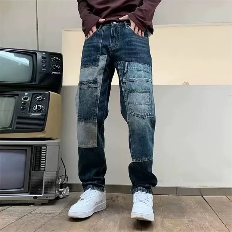 Trendy Brand Handsome Retro Washed Design Patchwork Contrasting Multi-Pocket Work Jeans Men's Tapered Pants