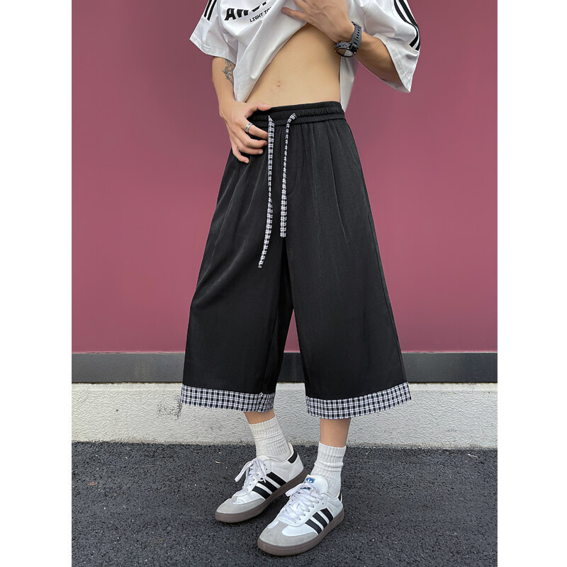 Men's Faux Tencel Jeans Cropped Pants Summer Trendy Brand Plus-Size Shorts Plaid Rolled-Up Straight-Leg Drape Casual Pants