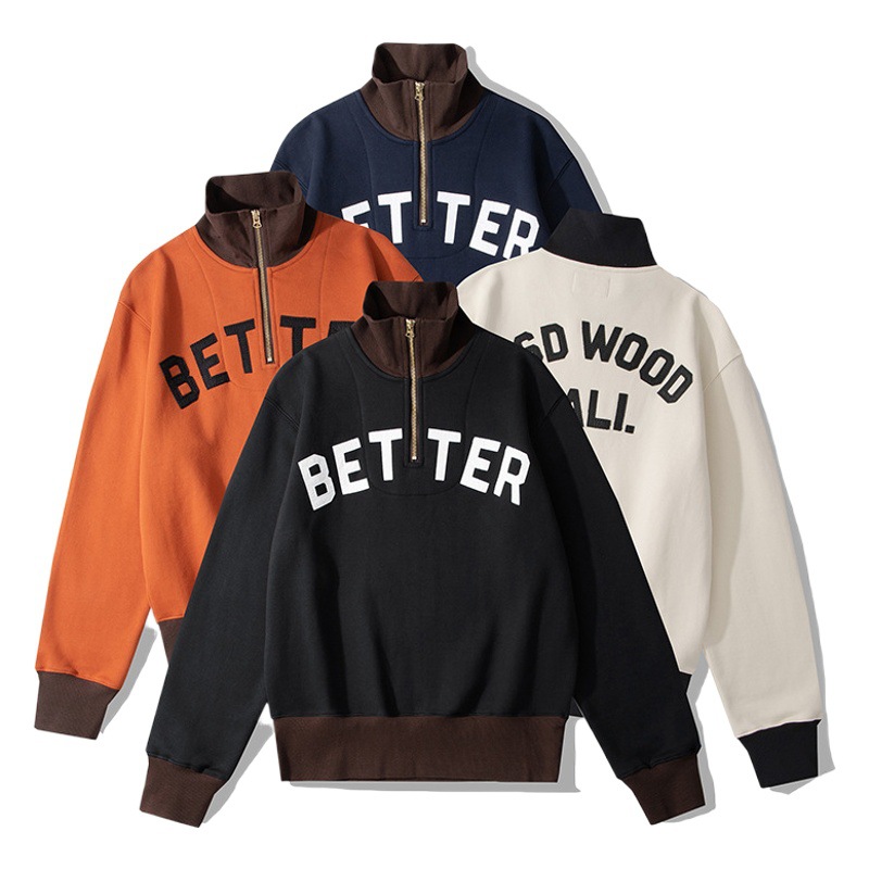 OKONKWO heavy color matching media cremallera solapa suéter engrosada bordado medio pecho cremallera cuello alto suéter