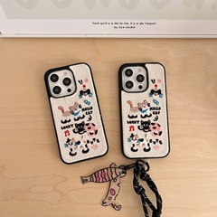 刺繍米白カウボーイ紋猫はリンゴ15携帯ケースiphone13/14/16promaxストラップ12を適用している
