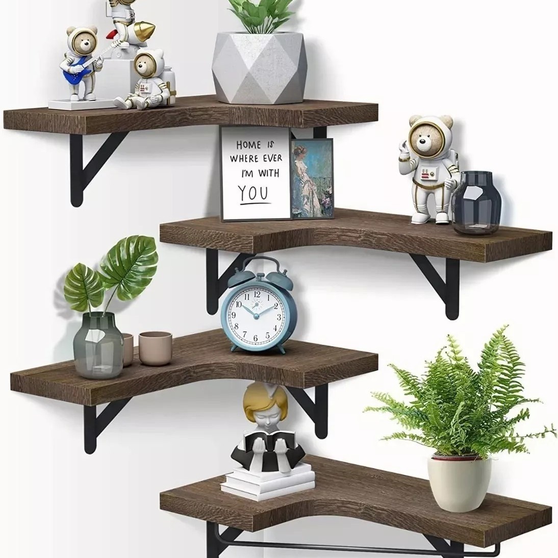 Estante esquinero de madera para sala de estar, estante esquinero de hierro forjado, organizador de almacenamiento para dormitorio, estante colgante de pared para cocina.