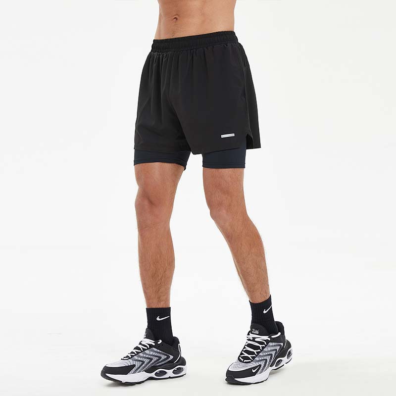 Verano hombres fitness correr doble secado rápido shorts maratón grupo correr deportes tres pantalones en stock impreso al por mayor