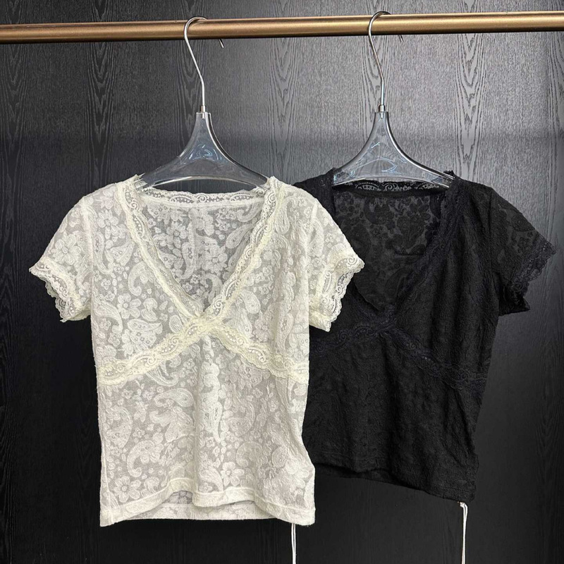 Dtwo Thirteen Lines 26 New Lace Trim V-Neck Short Sleeve T-Shirt for Women Slim Fit Short Versatile Top 6221390 Dtwo Thirteen Lines 26 New Lace Trim V-Neck Short Sleeve T-Shirt for Women Slim Fit Short Versatile Top 6221390