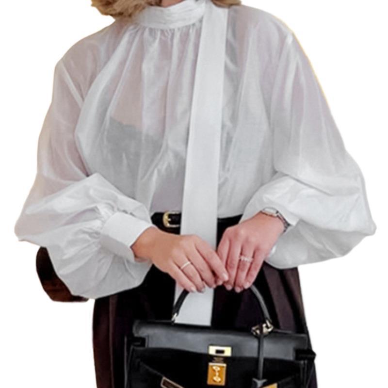 Elegant White Tie-Neck Blouse for Women, a Spring Must-Have, French-Style Fashion Loose Tencel Blend Shirt Elegant White Tie-Neck Blouse for Women, a Spring Must-Have, French-Style Fashion Loose Tencel Blend Shirt