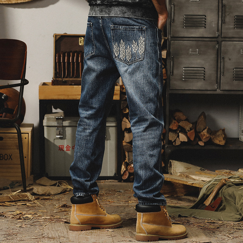 Jay Leno American Heavy Stone Washed Jeans Men's Straight Loose Spring and Autumn Embroidered Casual Long Pants for Men