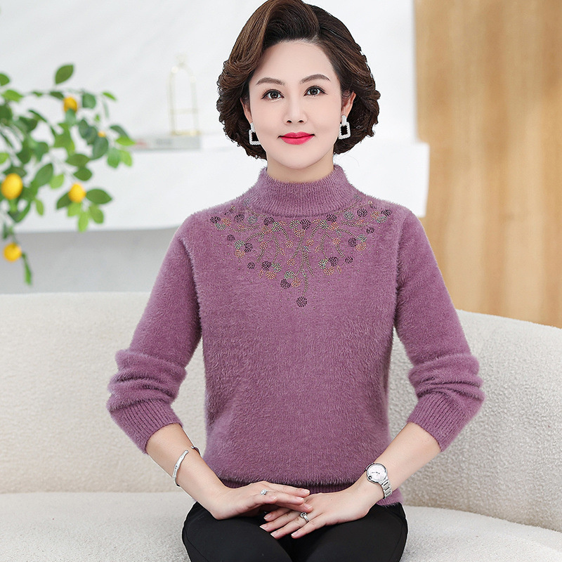中老年媽媽冬加厚毛衣中年女裝半高領仿貂毛套頭打底衫奶奶針織衫