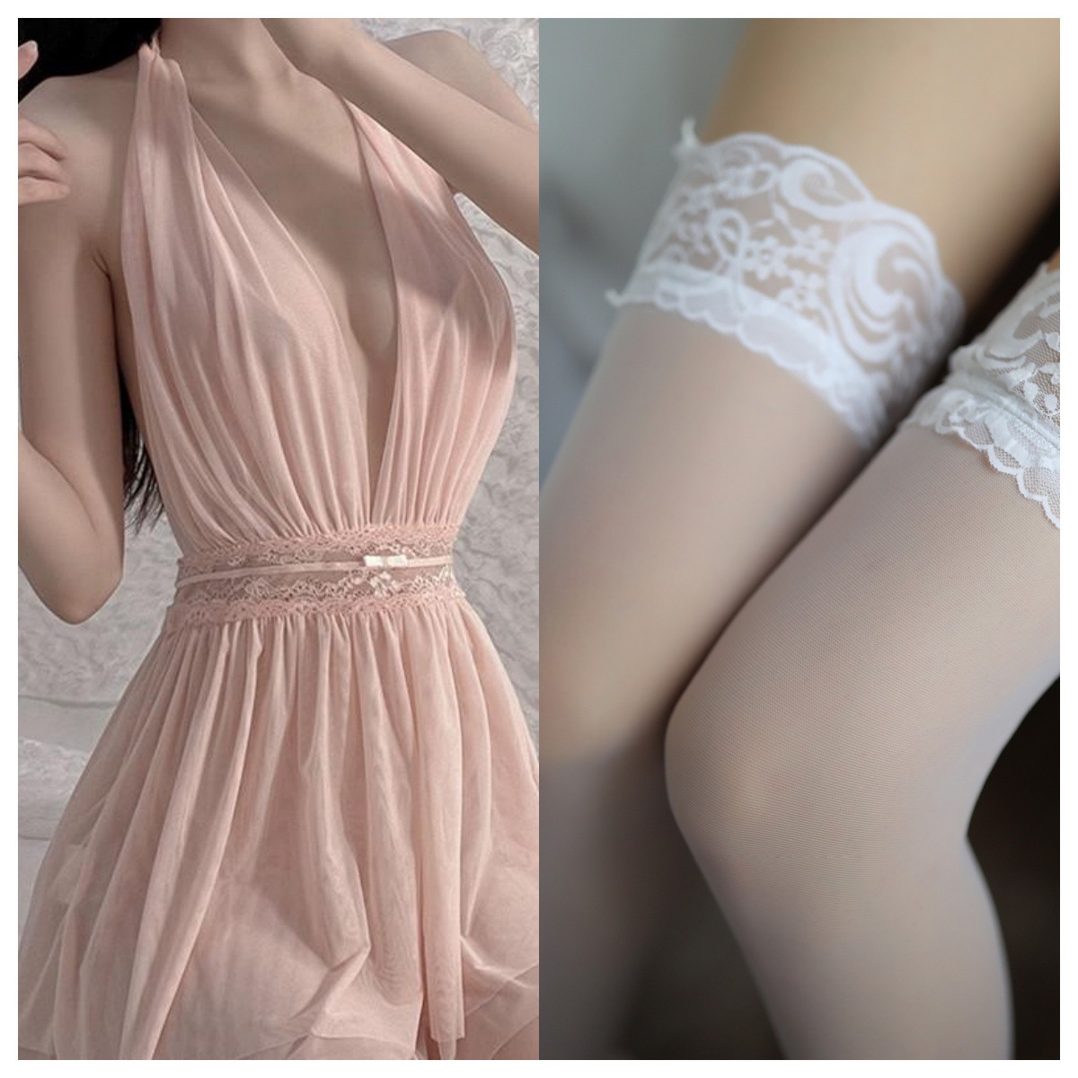 핑크색 잠옷 + 팬티 + 흰색 스타킹