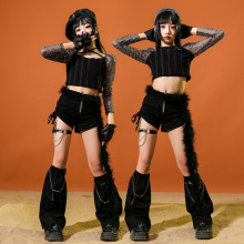 女童爵士舞服装明星走秀时髦亮钻长袖套装露脐女孩街舞元旦表演服