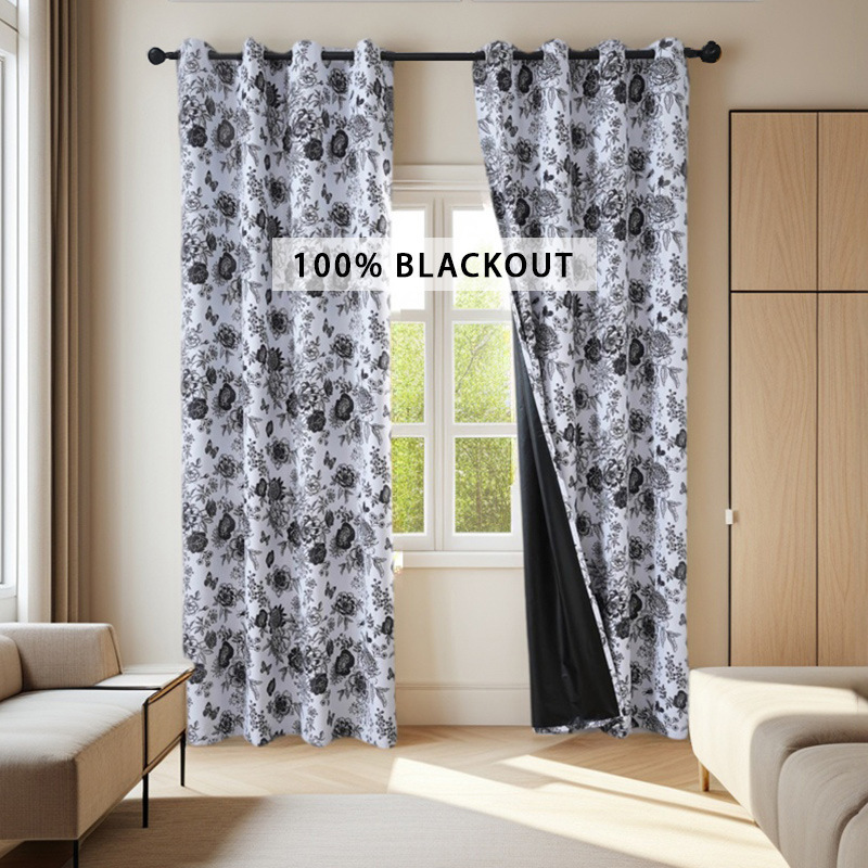 Factory Direct Supply Nordic Simple Full Blackout Printed Curtains Finished Perforated Bedroom Living Room Balcony Sun Protection and Heat Insulation