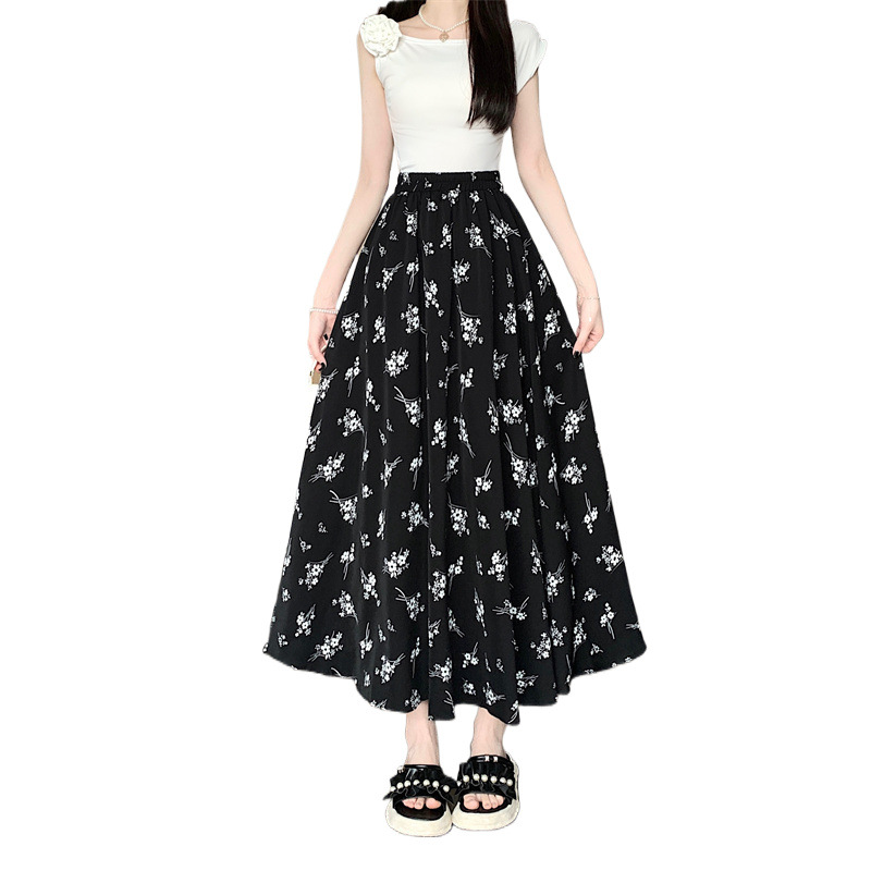 Real shot 2025 spring and summer new elastic waist large swing skirt classic all-match Korean printed long skirt skirt