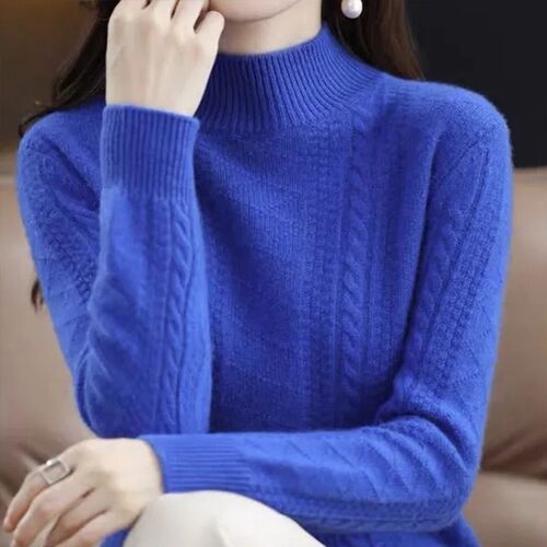 Autumn and winter new semi-high-neck knitted sweater for women's loose long-sleeved shirt with thick and warm solid color based shirt with all-match matching