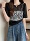 New fake two-piece lace print design slimming versatile short-sleeved sweater women's summer slightly transparent top women's clothing