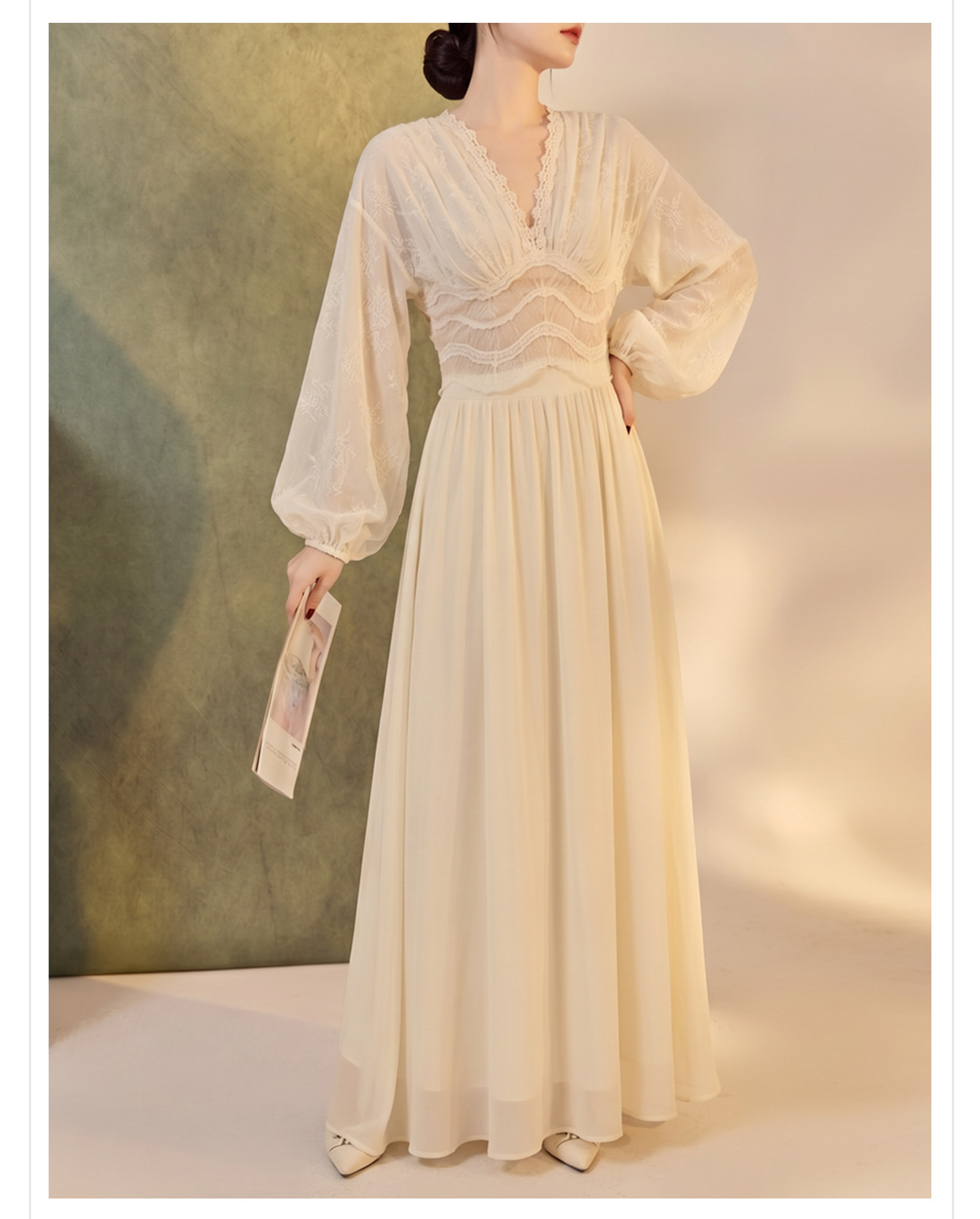 Váy maxi ren thêu lưới tay phồng lồng đèn cổ V thắt lưng dáng suông — áo, bộ đồ, nửa váy chi tiết 11