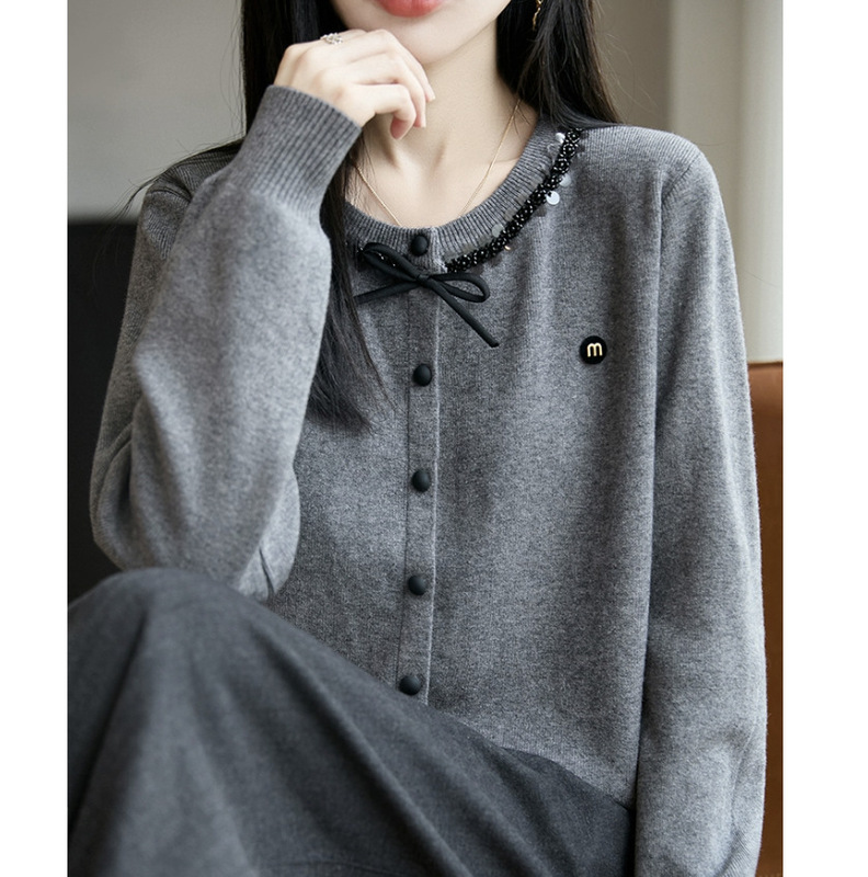 2025秋季新款蕾丝花边蝴蝶结单排扣毛衣开衫女气质针织毛衣上衣|undefined
