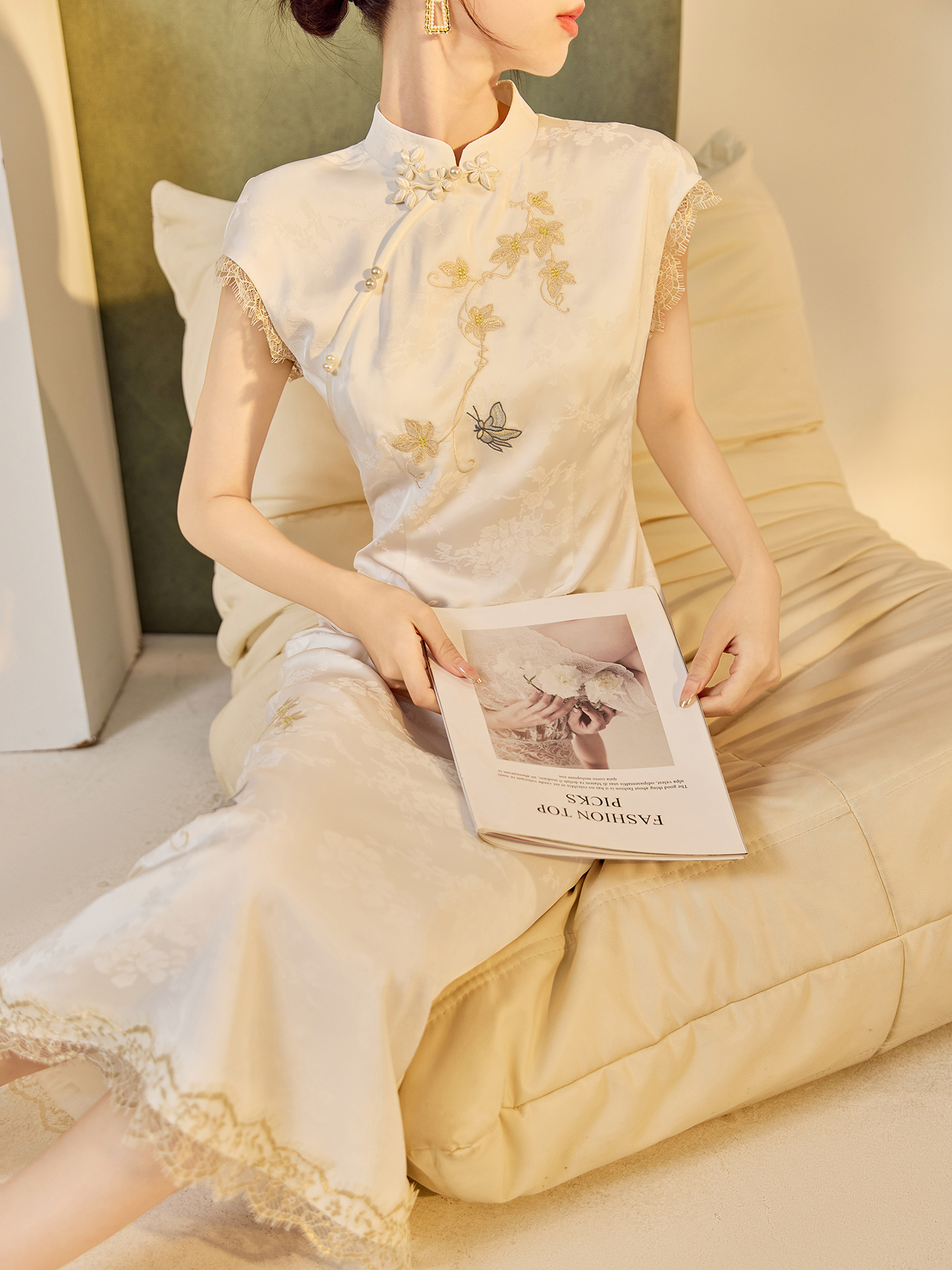 Đầm tay phồng cổ đứng phong cách Trung Hoa mùa hè, sườn xám thêu cải tiến cao cấp — Màu trắng, Màu mơ