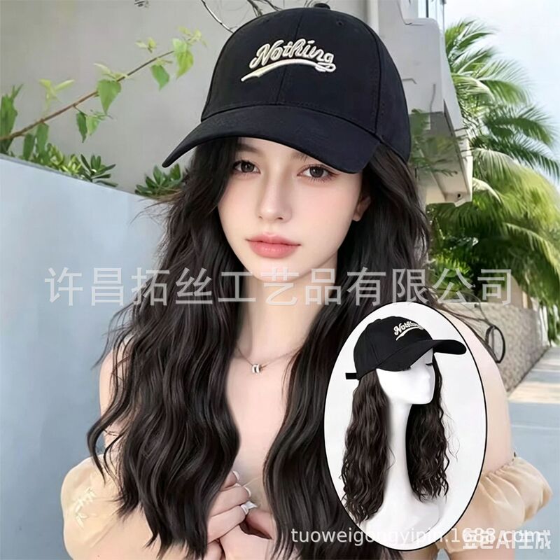 Hat wig integrated female baseball cap artificial hair new fashion wool roll black peaked cap full head cover Hat wig integrated female baseball cap artificial hair new fashion wool roll black peaked cap full head cover