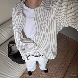 日系复古条纹长袖衬衫男春秋干净合身休闲衬衣学院风宽松大码外套