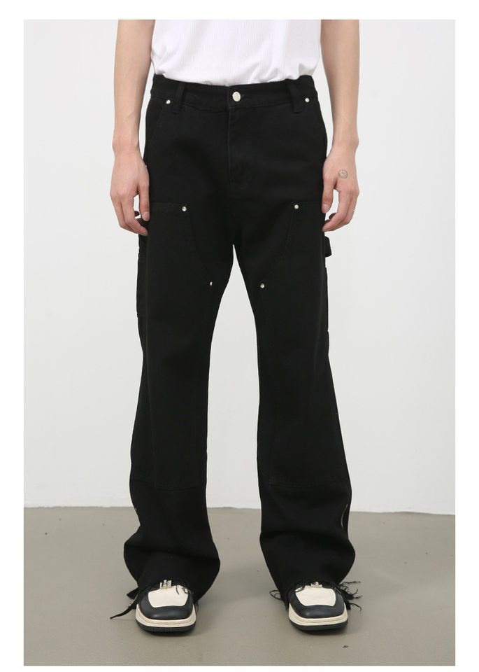 Quần jean nam ống suông phối khóa kéo phong cách Hàn, quần dài denim mềm mại — Màu đen chi tiết 4