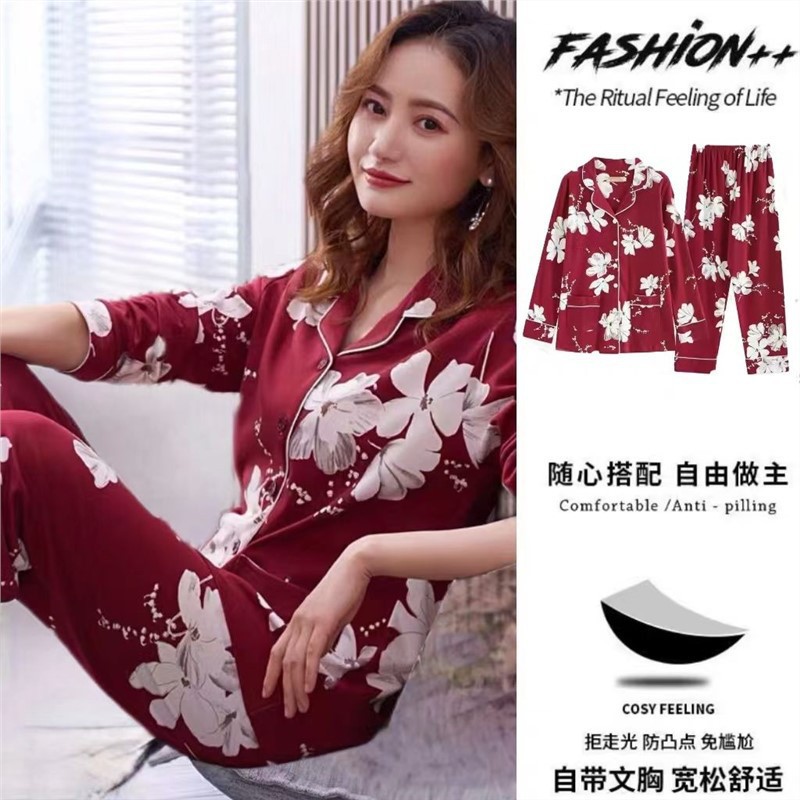 Pijamas de algodón 100% para mujer con almohadilla en el pecho, de manga larga de una pieza de primavera y otoño 2023 nuevo traje de desgaste para el hogar de las mujeres