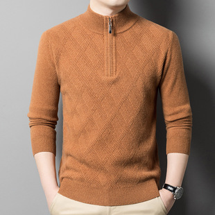 Brand 100 pure woolen sweater 2024 autumn and winter new men's half high zipper collar thick solid color sweater base shirt