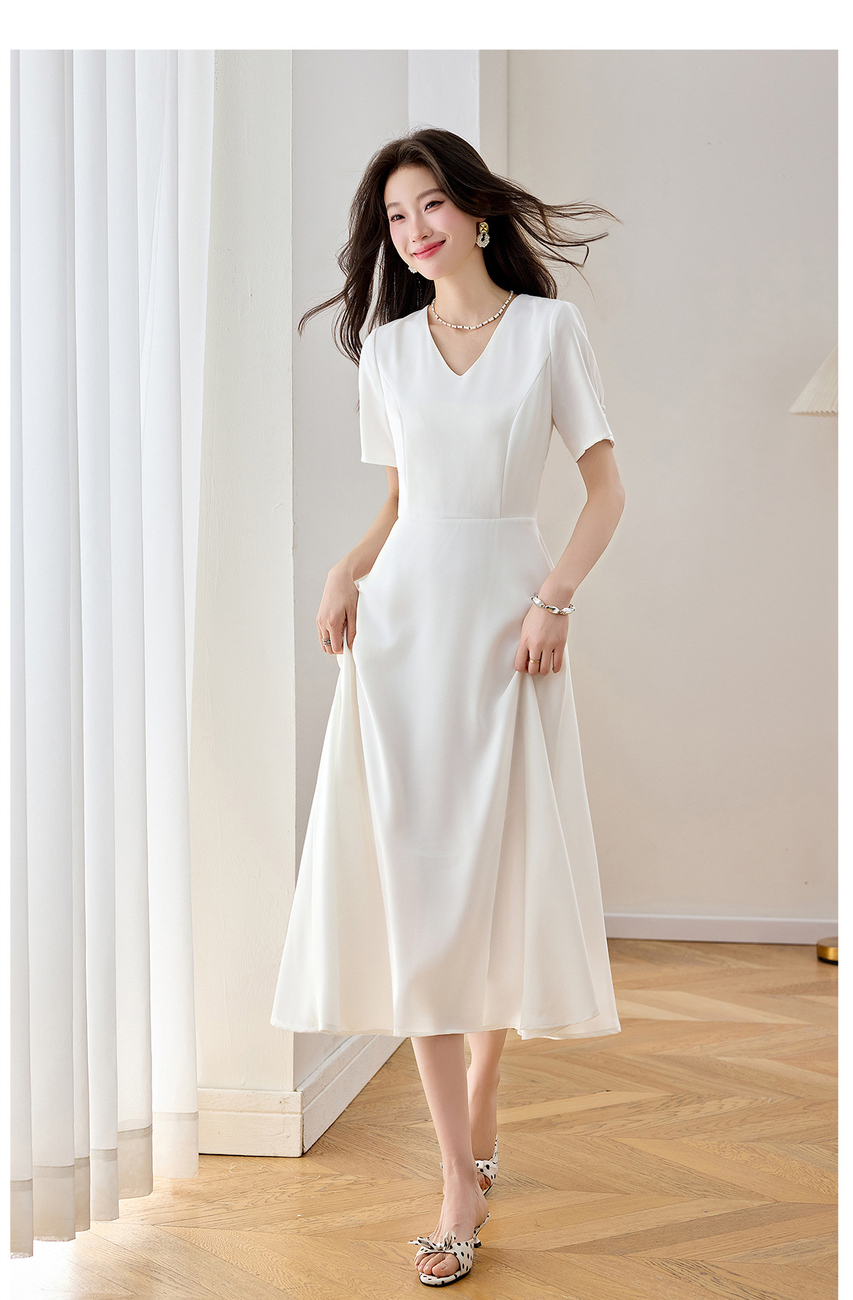 Đầm maxi nữ thắt eo cổ V dáng dài phối màu trơn — màu xanh đậm, màu tím, màu trắng chi tiết 12