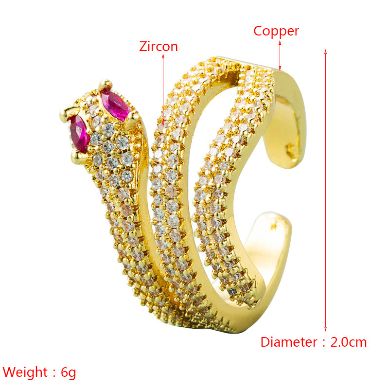 European And American Personality Snake Shape Copper Plated 18k Gold Micro Inlaid Zircon Ring display picture 1