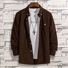 秋冬款中老年大码青加绒男装衬衣男士长袖纯色衬衫灯芯绒加厚白色