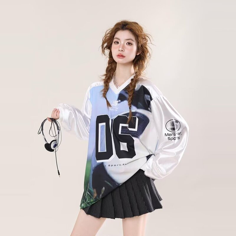 American Retro High Street Sports Satin Design V-neck Jersey Women's Loose Casual Long-sleeved Top