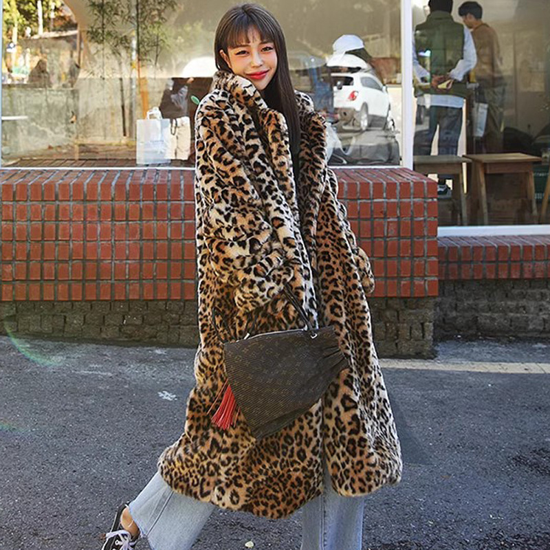 European and American Style Ins Hot Selling Fashionable All-Match Lapel Leopard Print Faux Fur Fur Coat Mid-Length Coat Long Sleeve Women