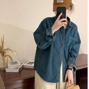 Vintage Polo Collar Single-breasted Washable Imitation Denim Shirt Jacket Stacked Loose All-match Long-sleeved Top for Women