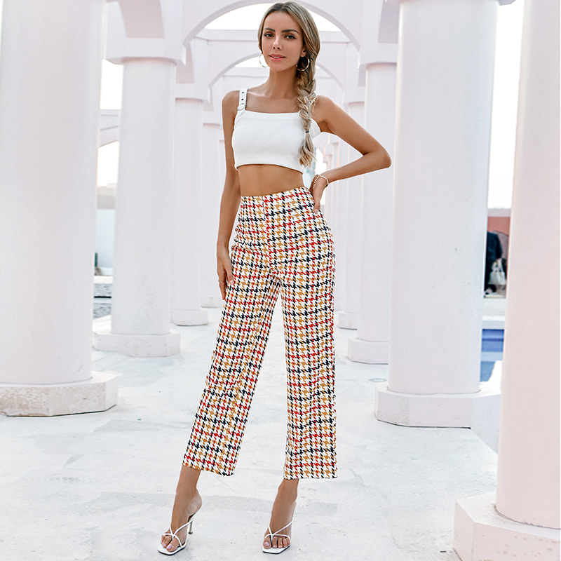 casual high-waist lace-up check wide-leg trousers NSWX41996