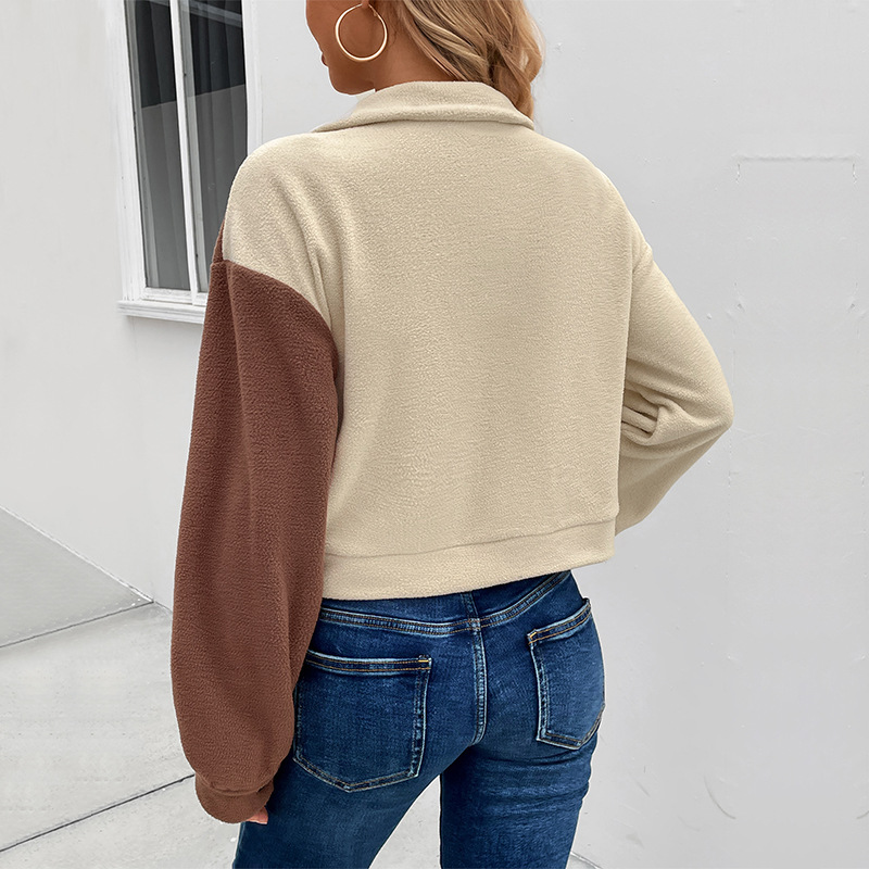 Autumn and Winter Contrast Color Block Jacket Lapel Short Jacket Polar Fleece Jacket_voghion.com