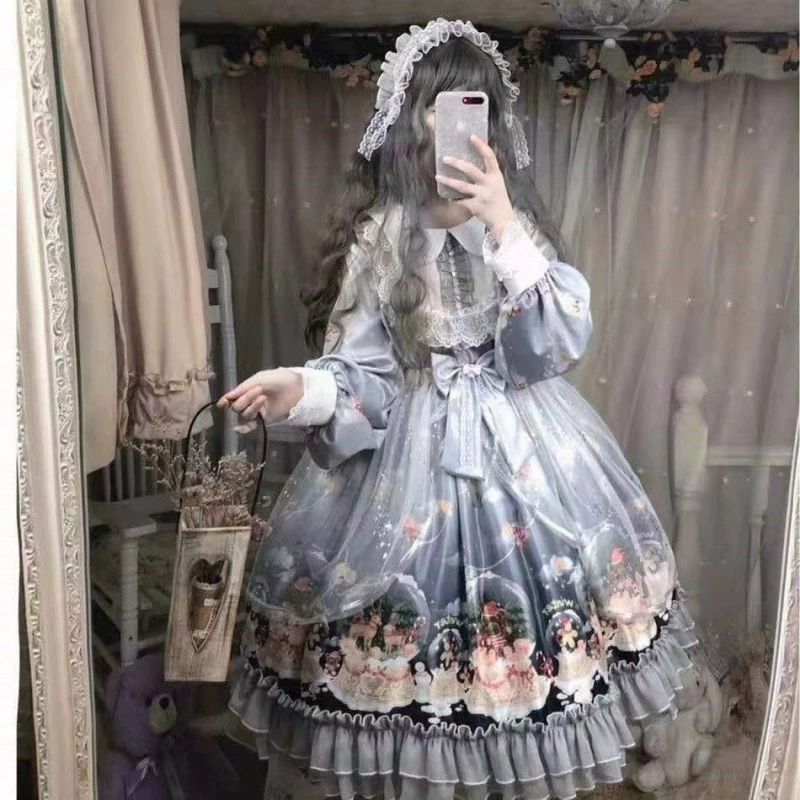 Деми‑сезонная юбка принцессы в стиле Lolita, полный набор, принт «серый стеклянный шар», размеры S–L