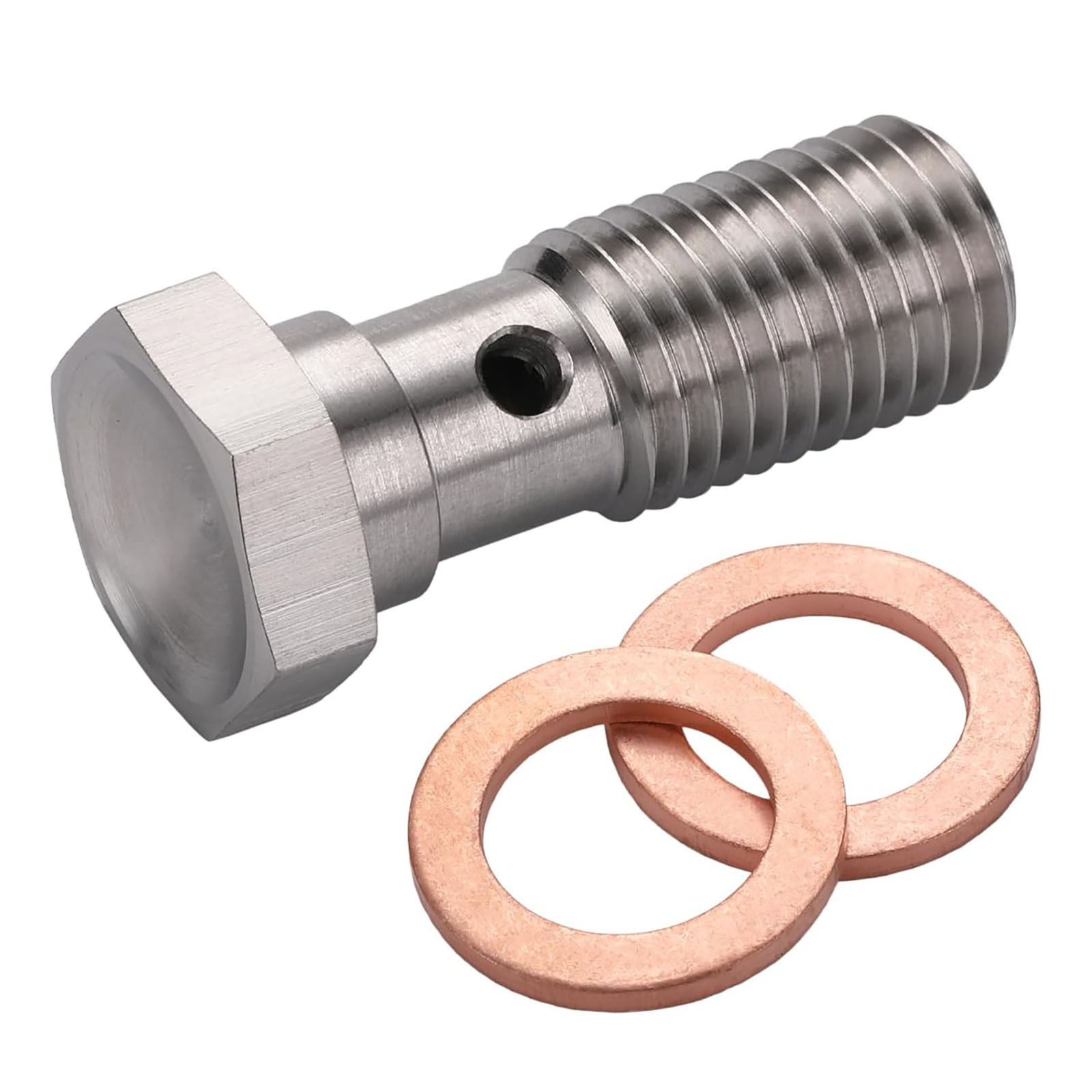 Stainless steel banjo bolt brake line connector with copper washer suitable for car calipers and clutches