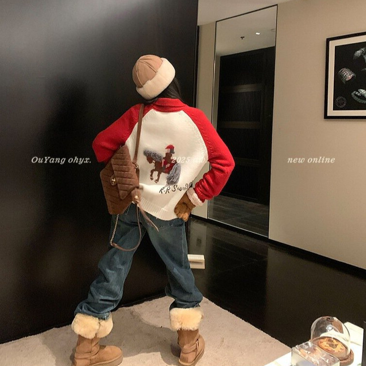 Ouyang's'New Year Little Horse' Design! Holiday Limited Edition Light Luxury Wool Zipper Sweater Embroidered Cardigan Ouyang's'New Year Little Horse' Design! Holiday Limited Edition Light Luxury Wool Zipper Sweater Embroidered Cardigan