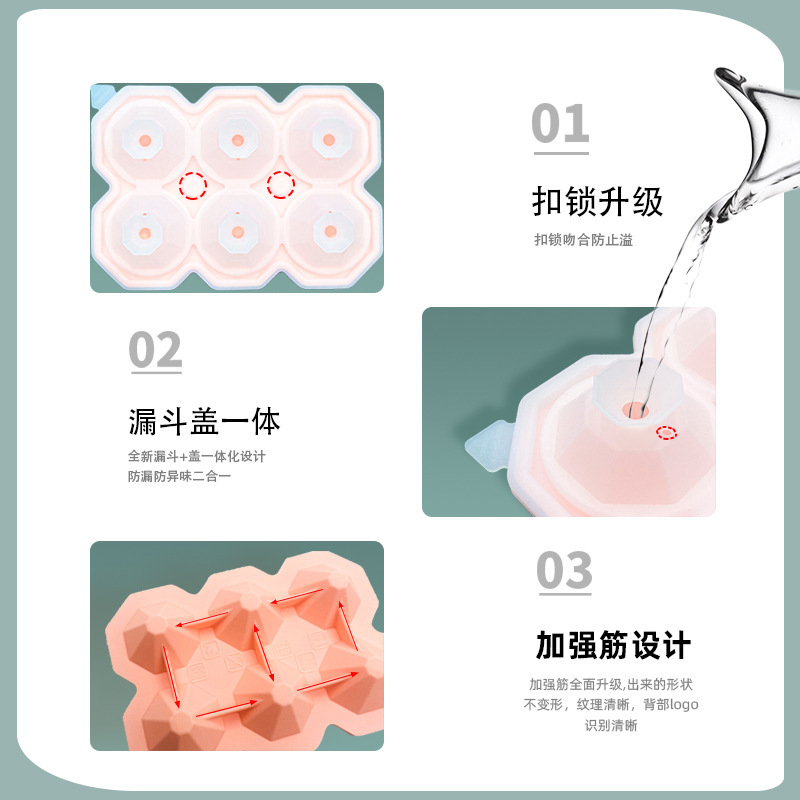 跨境6連鑽石冰格自帶漏斗硅膠冰模帶蓋威士忌製冰盒帶蓋輔食盒