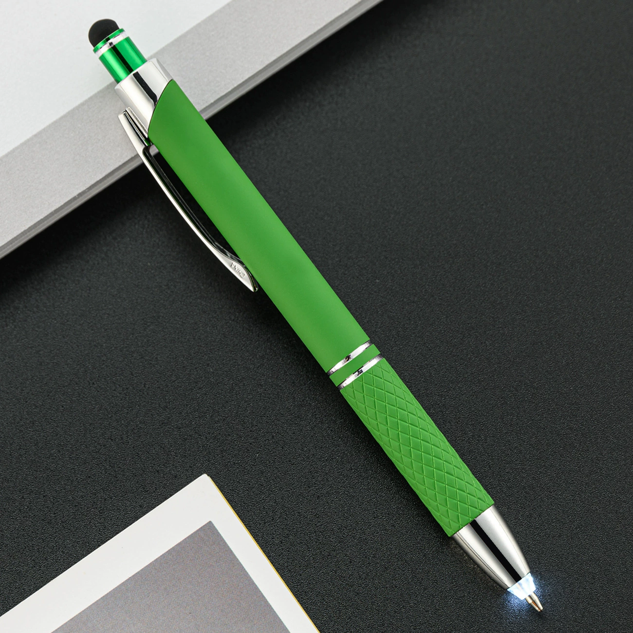 Universal creative metal multicoloured bulb, LED ballpoint pen for office for elementary school students, three in one