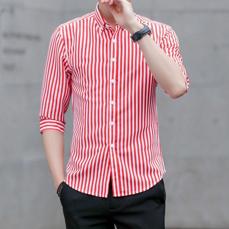 Verano nuevo estilo camisa de manga media para hombre camisa delgada a rayas de todo fósforo camisa delgada de manga corta camisa de pulgadas de siete a cinco mangas de moda para hombre
