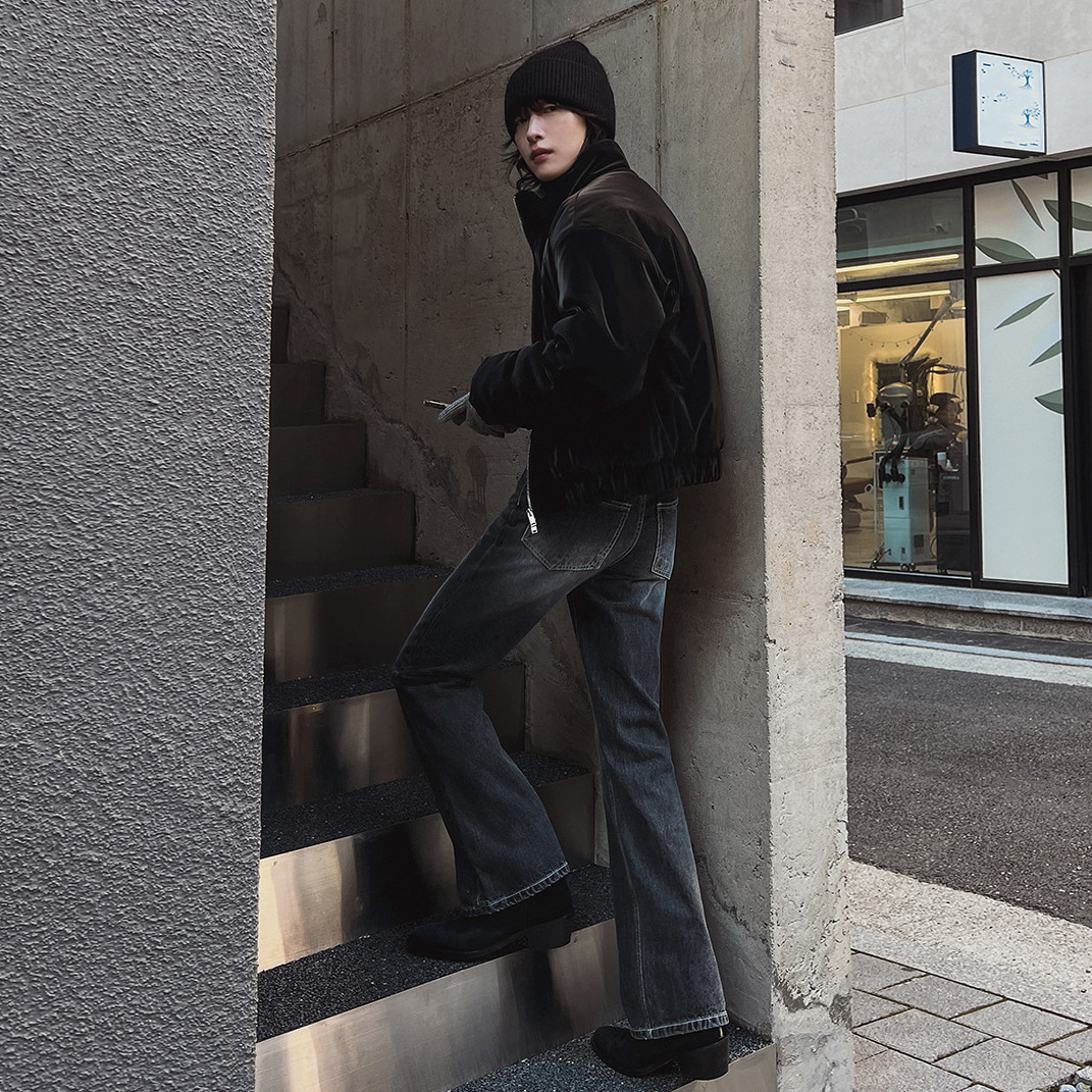 Men's Retro Washed Straight Leg Jeans Winter Casual Cleanfit Korean Style Mid Waist Stretch Polyester Outfit_mkmklike.com