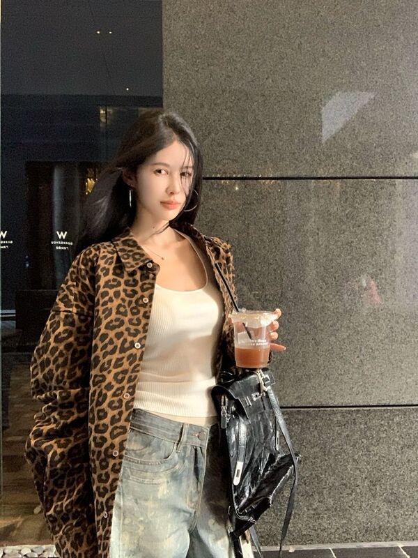 复古豹纹翻领长袖外套女秋季美式辣妹设计感小众宽松衬衫开衫上衣|undefined