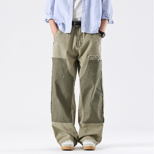 Spring and Summer Harajuku Style Retro Stitching Casual Pants Men's Contrast Color Splash Ink Logging Wash Overalls Loose Straight Pants