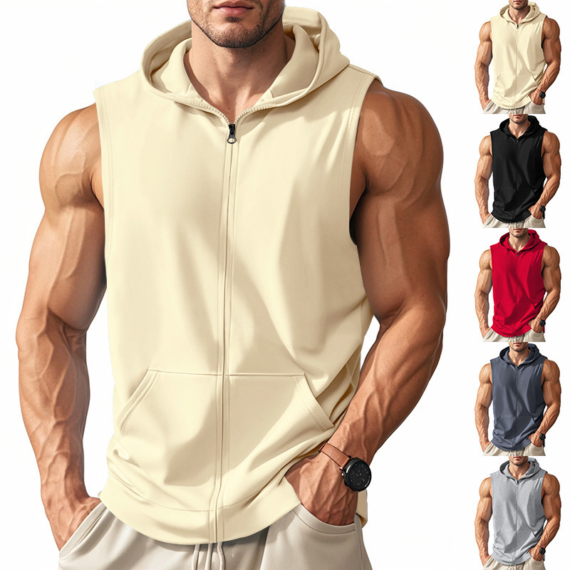 2025 Cross-border Summer American-style Men's Sports Fitness Training Zipper Hooded Cardigan Sleeveless Loose Breathable Vest